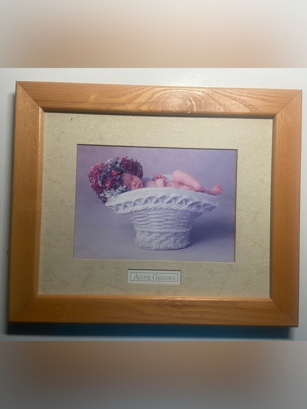 Vintage Anne Geddes Framed Art Print "Hydrangea Planter" Baby in Basket Nursery